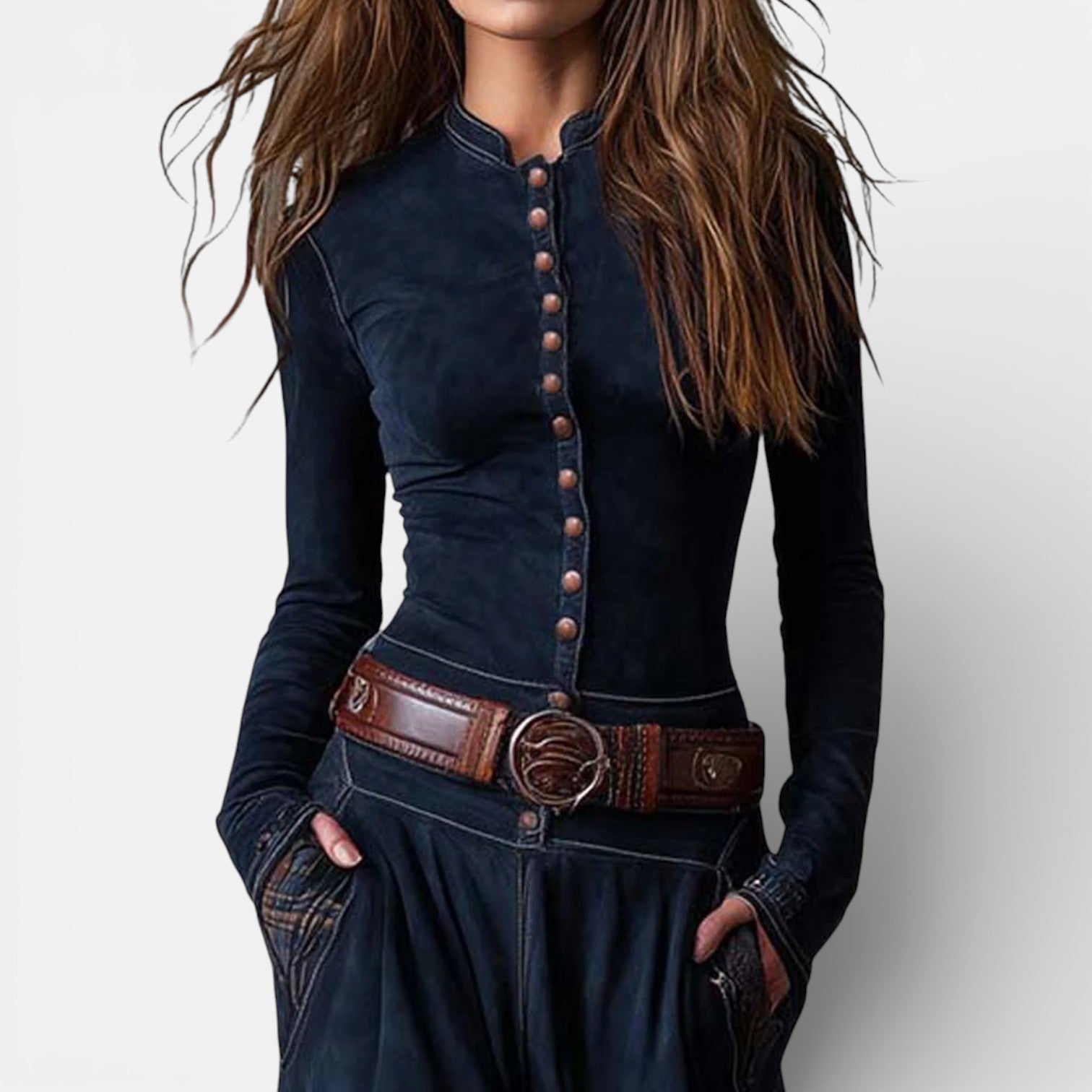 Leonora Vintage Long Dress for Women | Navy Suede Check Maxi with Belt