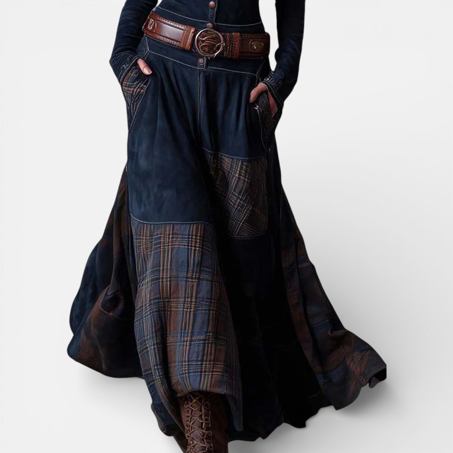 Leonora Vintage Long Dress for Women | Navy Suede Check Maxi with Belt