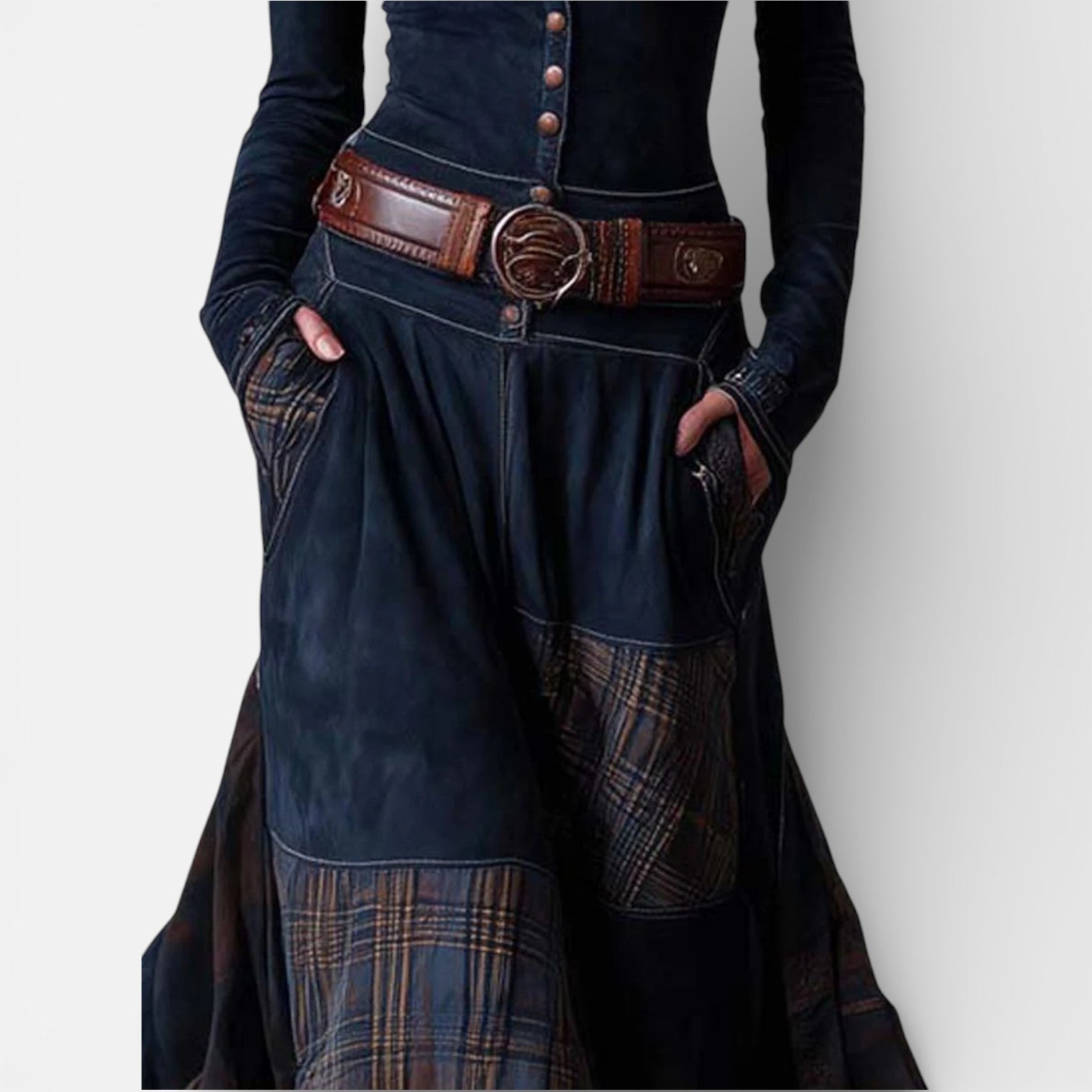 Leonora Vintage Long Dress for Women | Navy Suede Check Maxi with Belt