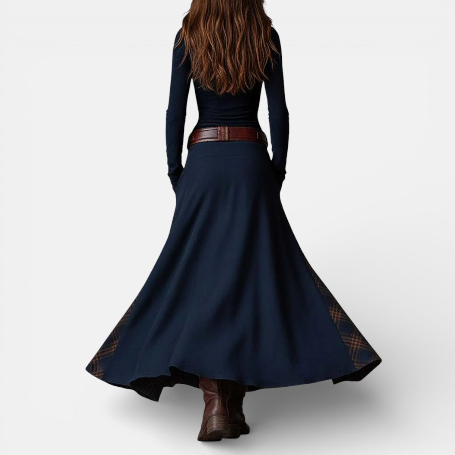 Leonora Vintage Long Dress for Women | Navy Suede Check Maxi with Belt