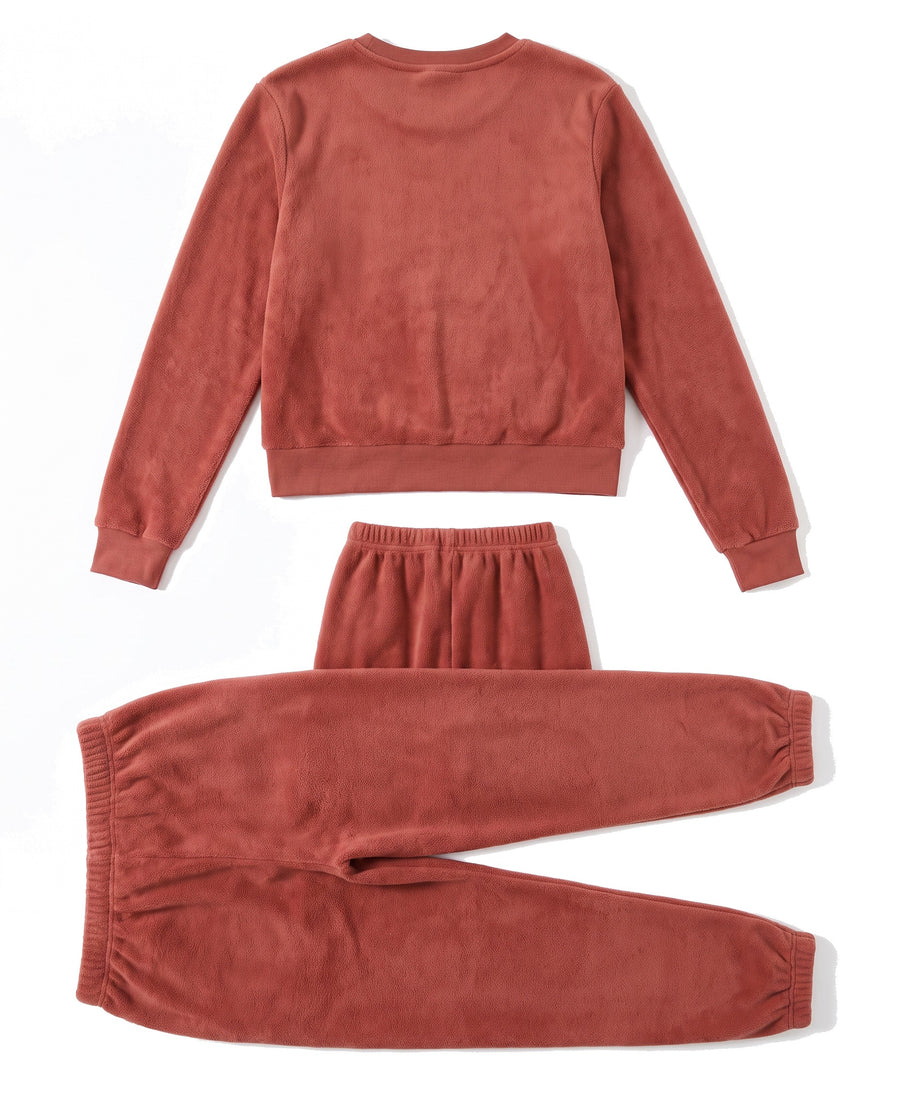 Red fleece lounge set back view, plain top and joggers
