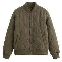 Green diamond quilted button front bomber jacket, front view