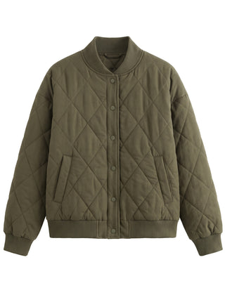 Green diamond quilted button front bomber jacket, front view