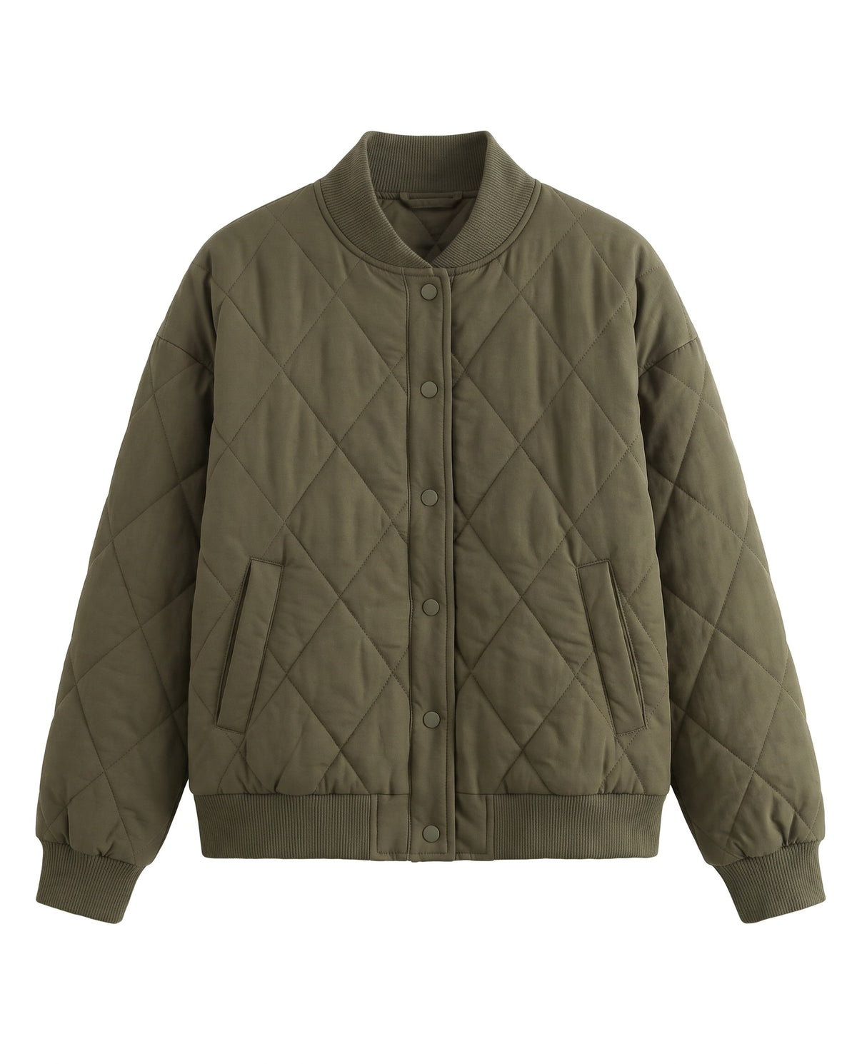 Green diamond quilted button front bomber jacket, front view