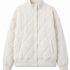 White diamond quilted button front bomber jacket, front view