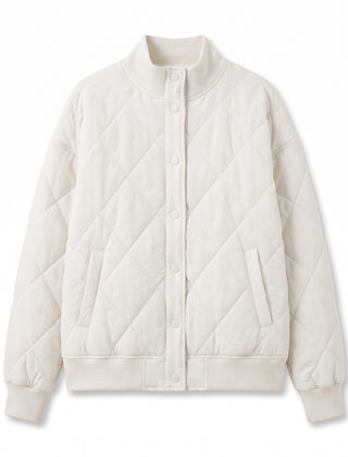 White diamond quilted button front bomber jacket, front view