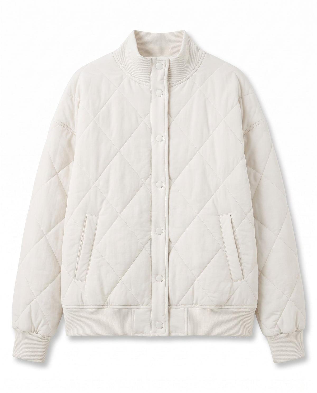White diamond quilted button front bomber jacket, front view