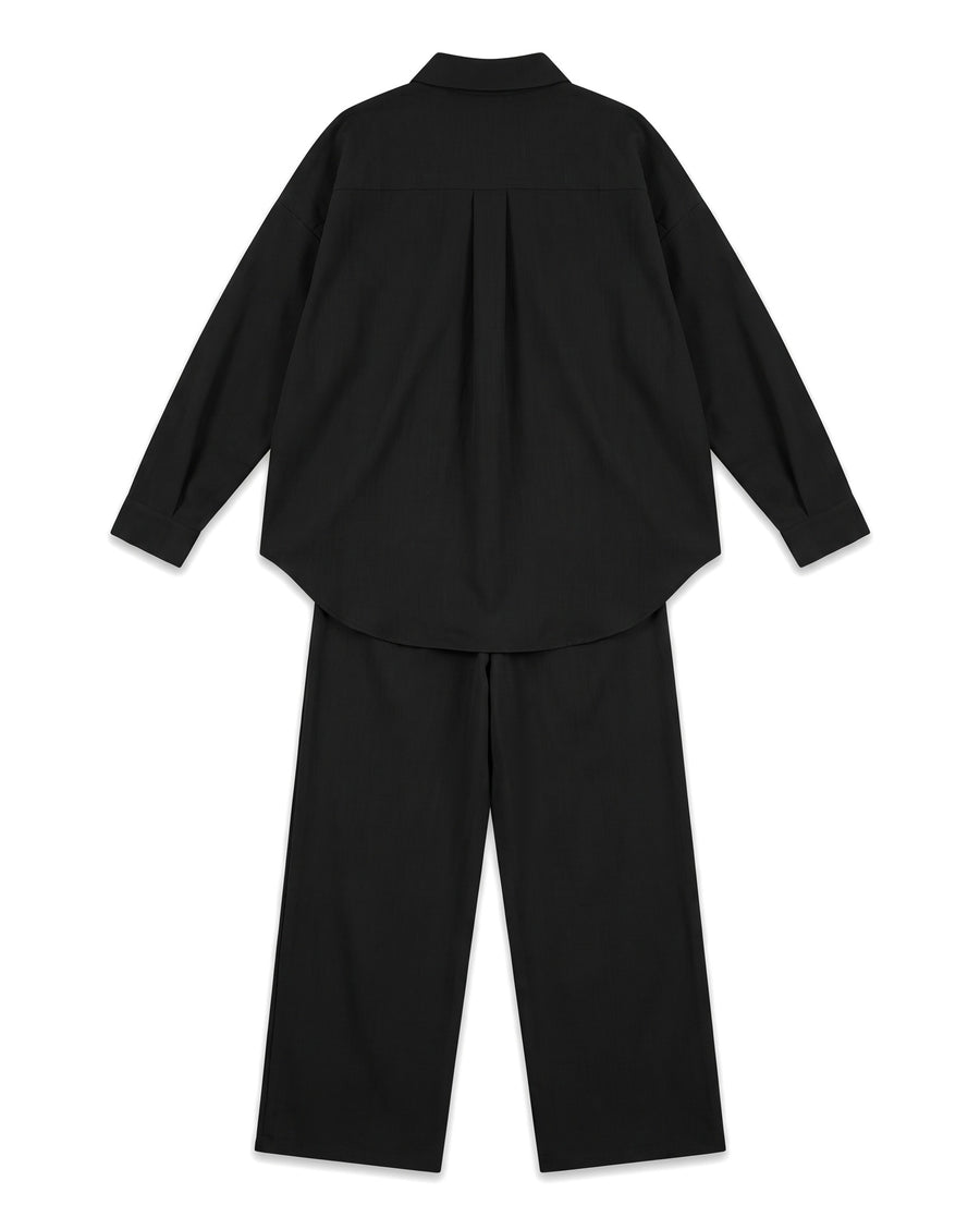 Black oversized collared shirt and wide-leg pants set, back view