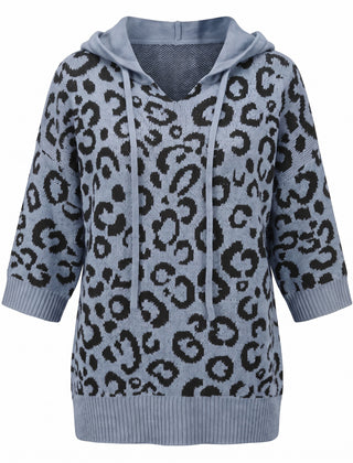 Blue leopard print hooded knit sweater front view on a white background