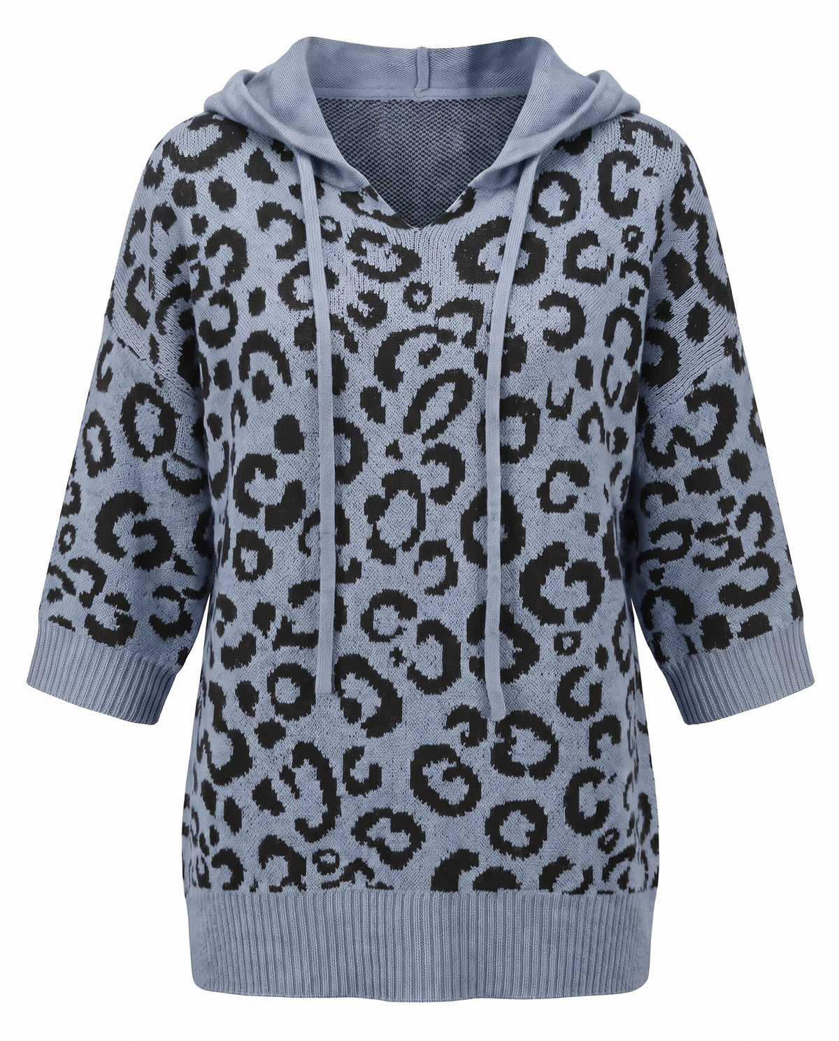 Blue leopard print hooded knit sweater front view on a white background