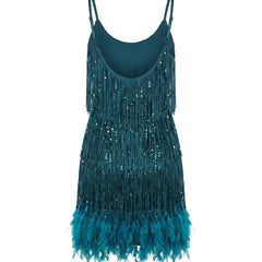 Teal tiered fringe mini dress, back view with open scoop back