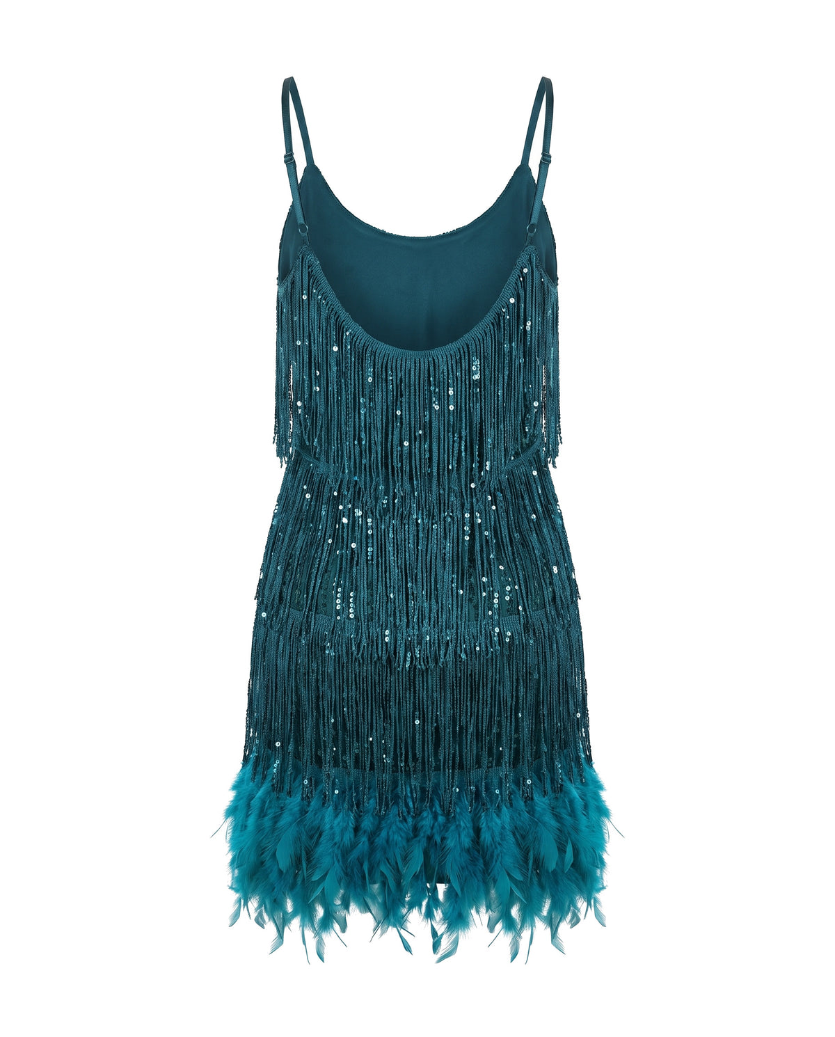 Teal tiered fringe mini dress, back view with open scoop back