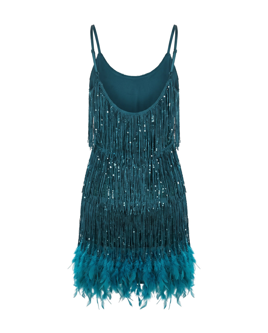 Teal tiered fringe mini dress, back view with open scoop back