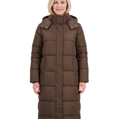 Model wearing the caffe brown long hooded puffer coat, front standing pose