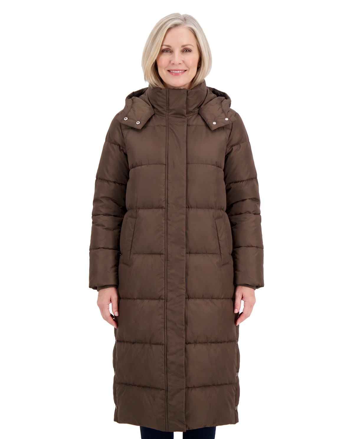 Model wearing the caffe brown long hooded puffer coat, front standing pose