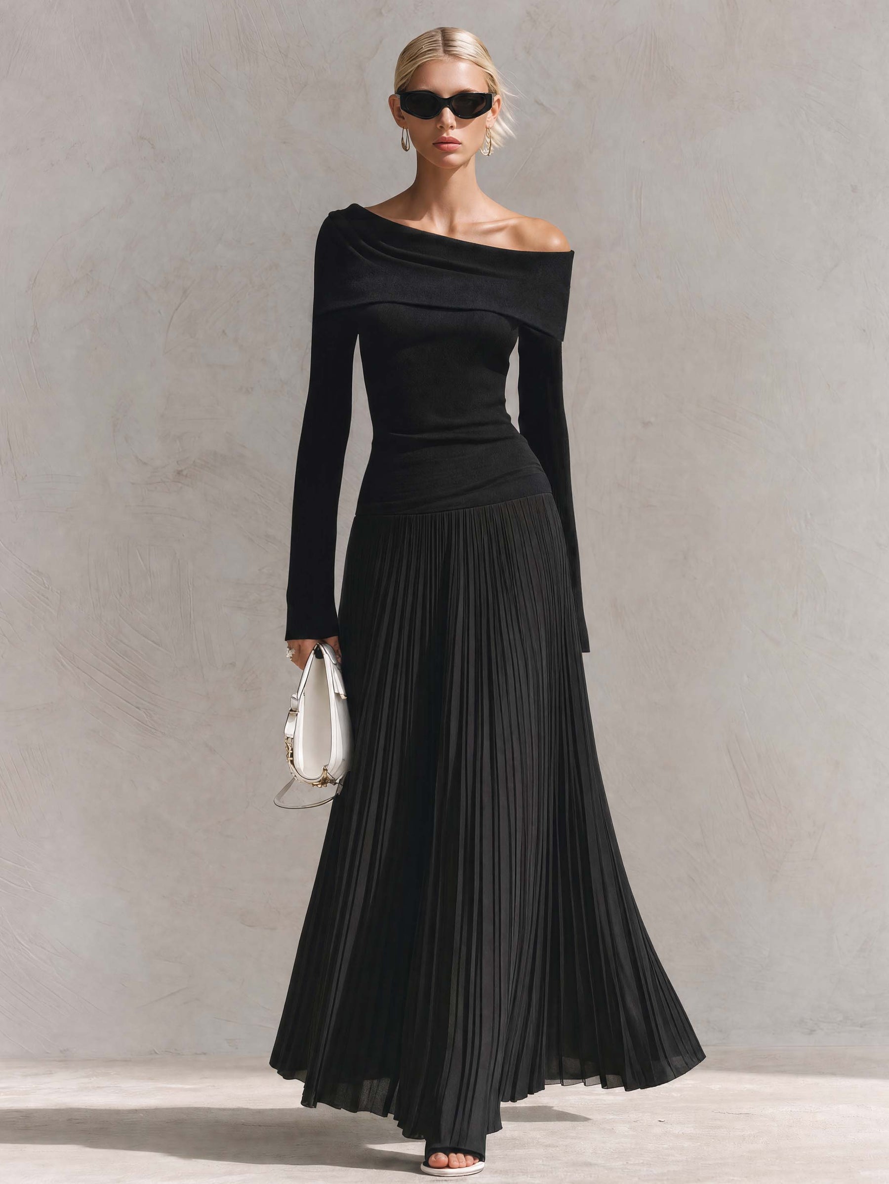 Adriane | Women's Off-Shoulder Pleated Chiffon Maxi Dress