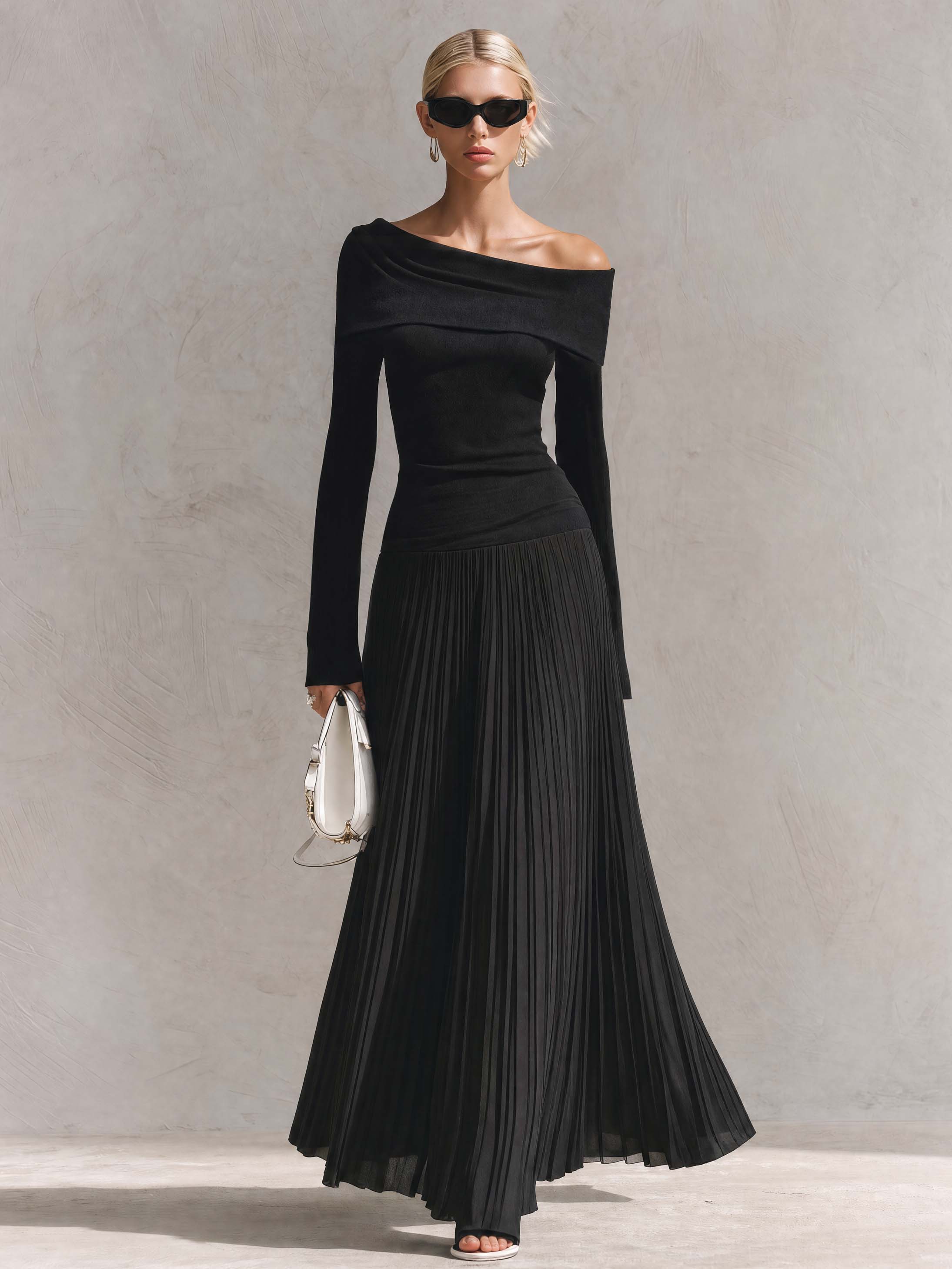 Adriane | Women's Off-Shoulder Pleated Chiffon Maxi Dress