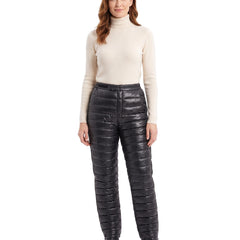 Aurora women's insulated puffer snow pants in black, front view on white studio background