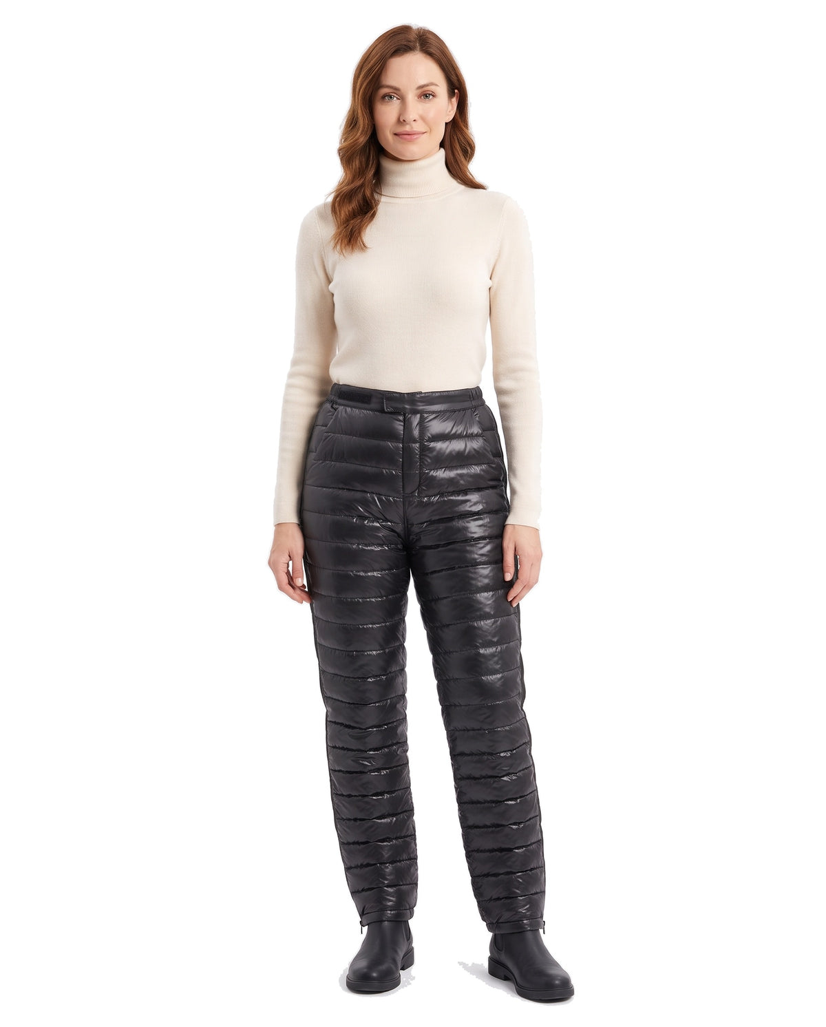 Aurora women's insulated puffer snow pants in black, front view on white studio background