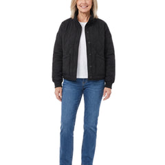 Woman wearing the black quilted bomber jacket, front standing pose