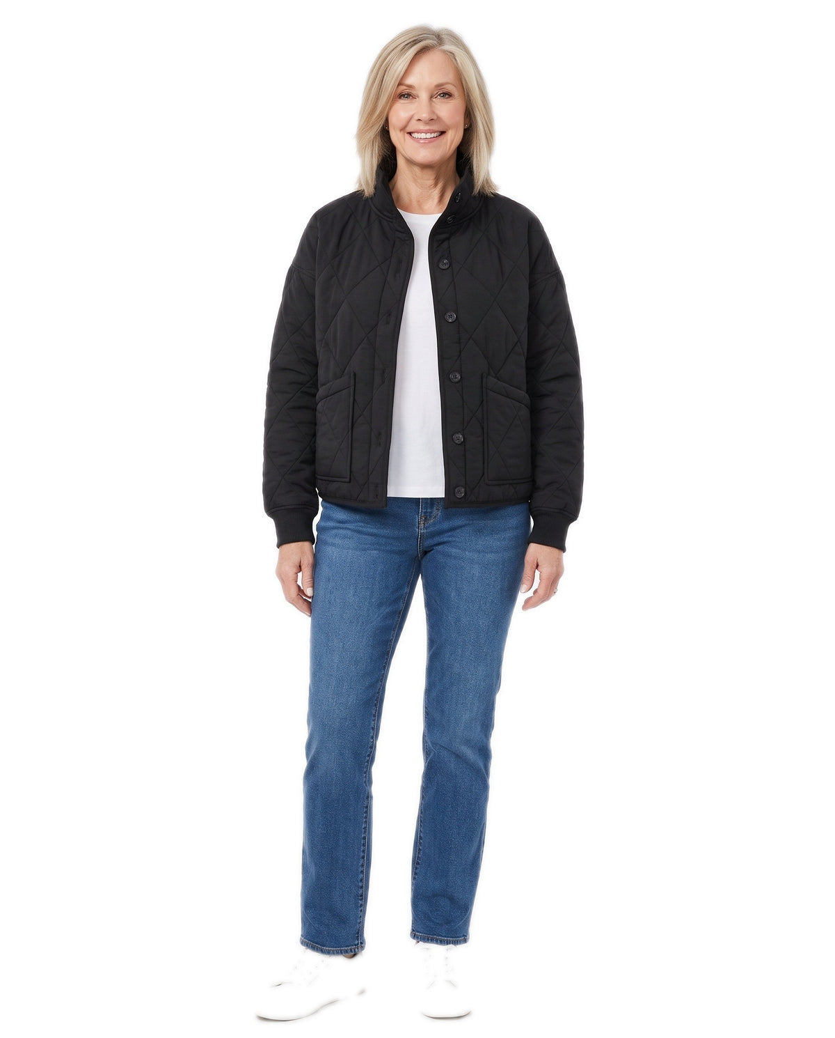 Woman wearing the black quilted bomber jacket, front standing pose