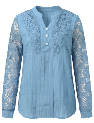 Beatrice women's crochet lace yoke blouse in sky blue on a white background