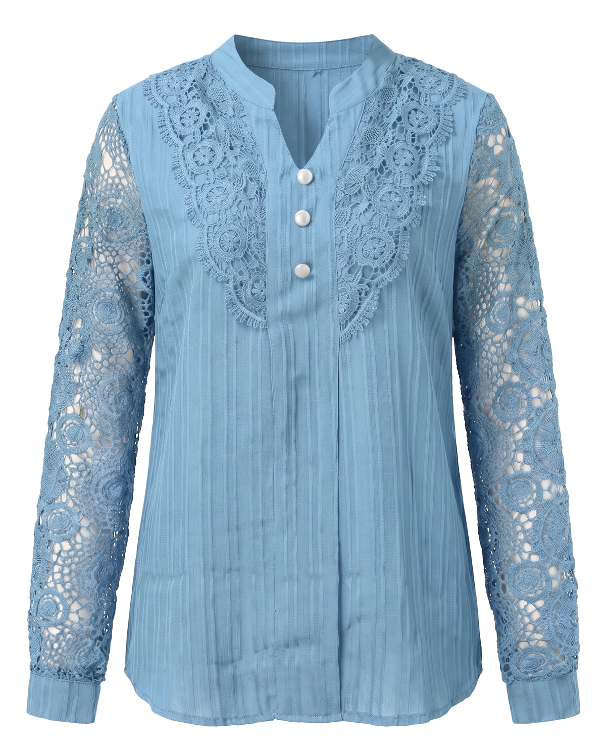 Beatrice women's crochet lace yoke blouse in sky blue on a white background