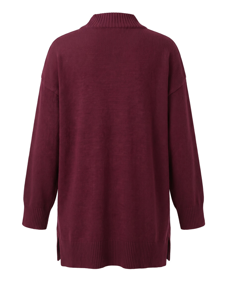 Women's oversized mock neck tunic sweater in wine, back view