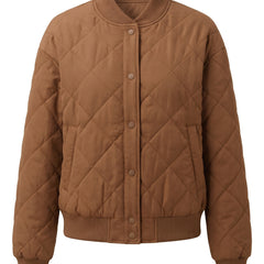 Brown diamond quilted button front bomber jacket, front view
