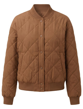 Brown diamond quilted button front bomber jacket, front view