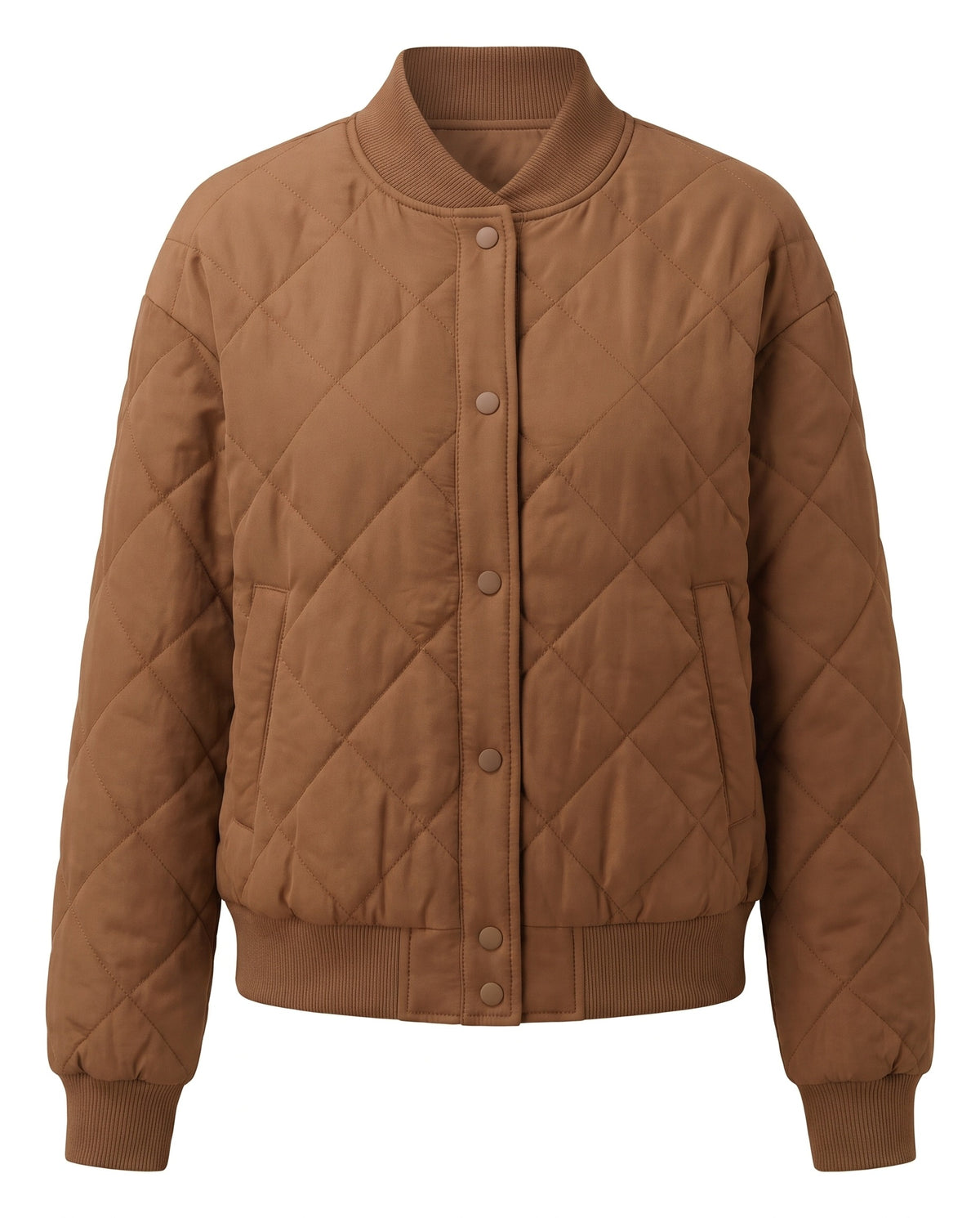 Brown diamond quilted button front bomber jacket, front view