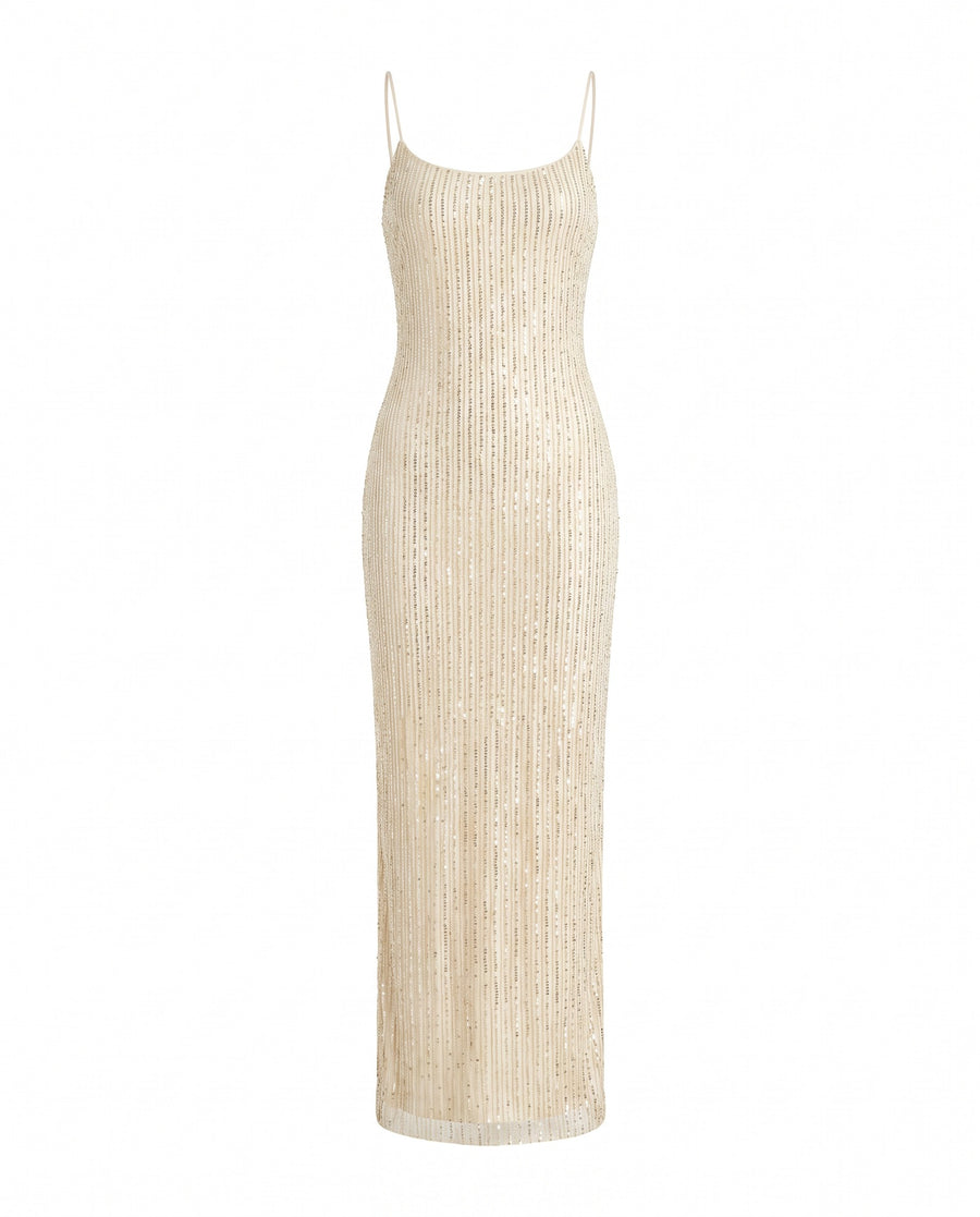 Champagne gold sequin column maxi slip dress, front view