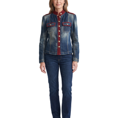 Woman wearing the blue denim military jacket with jeans, standing front view on white