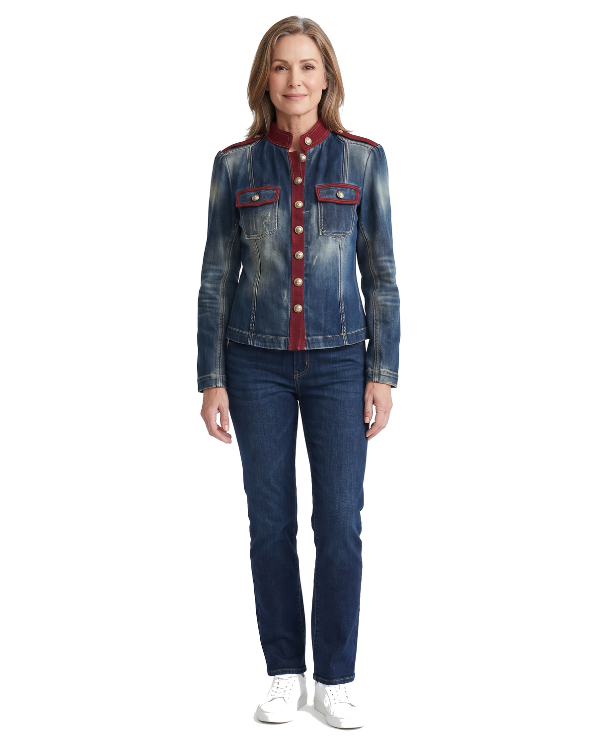 Woman wearing the blue denim military jacket with jeans, standing front view on white