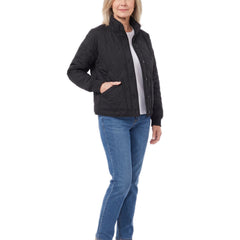 Woman wearing the black quilted bomber jacket, three quarter pose