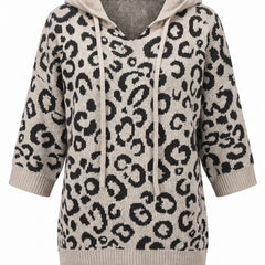 Khaki leopard print hooded knit sweater front view on a white background