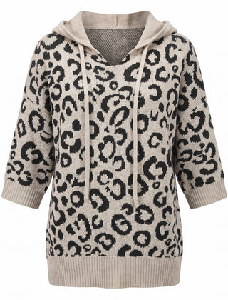Khaki leopard print hooded knit sweater front view on a white background