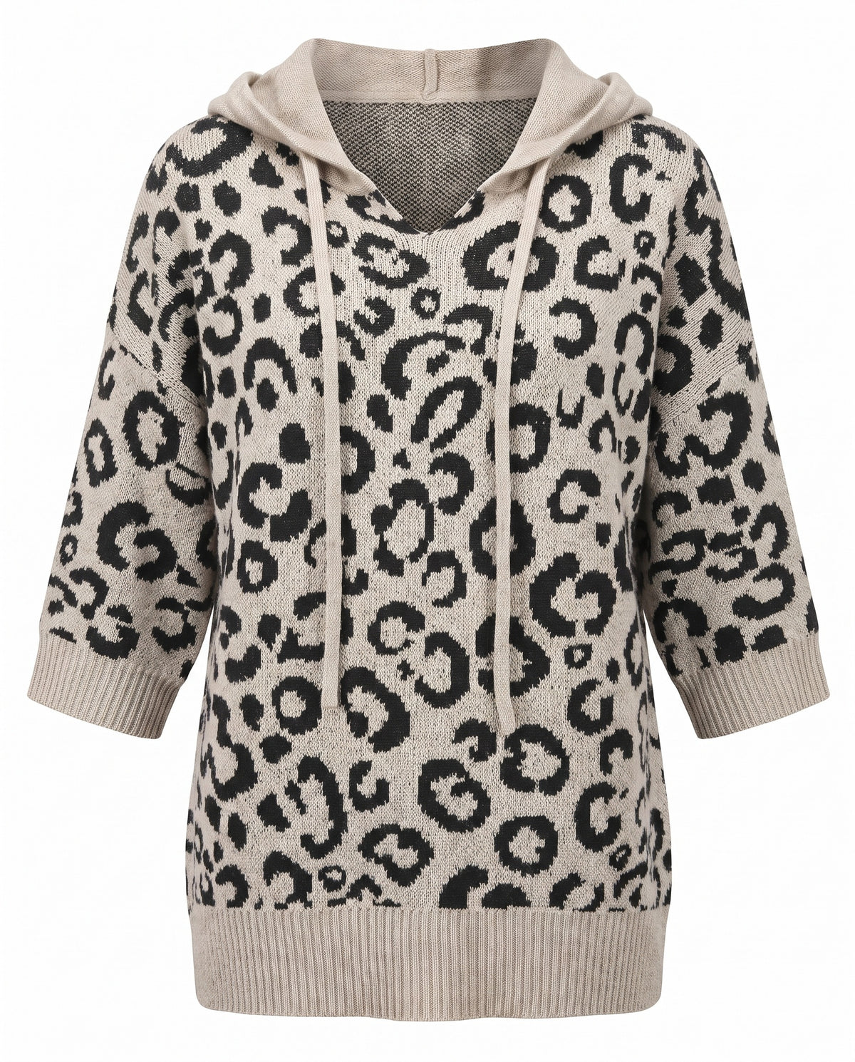 Khaki leopard print hooded knit sweater front view on a white background