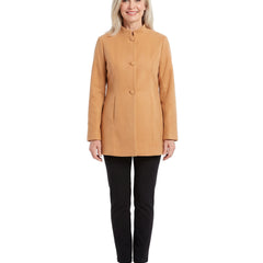Model wearing the apricot stand collar coat, front standing pose