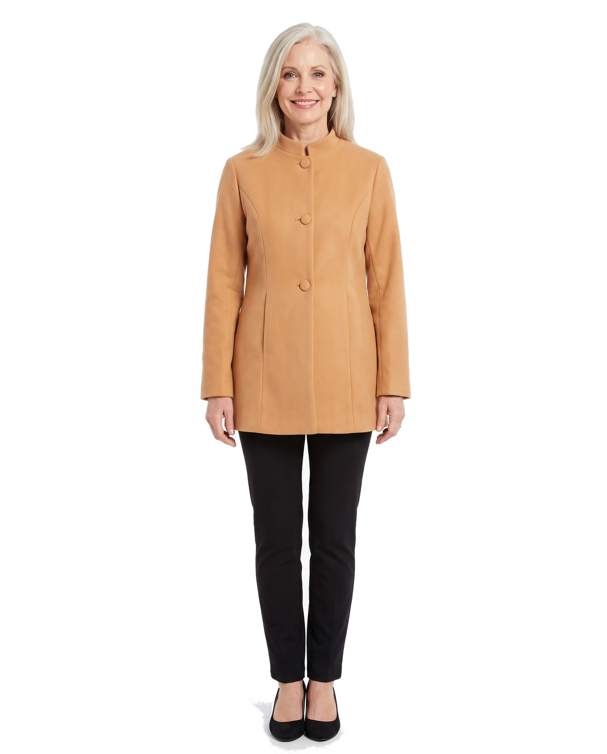 Model wearing the apricot stand collar coat, front standing pose
