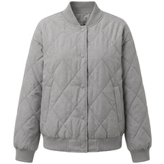 Gray diamond quilted button front bomber jacket, front view