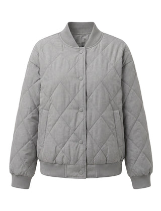 Gray diamond quilted button front bomber jacket, front view