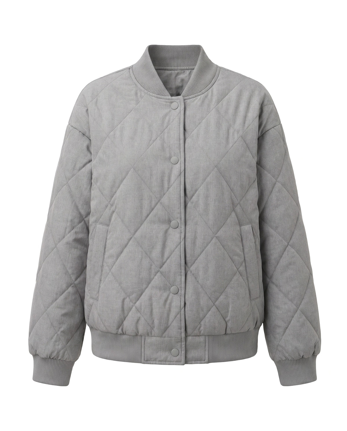 Gray diamond quilted button front bomber jacket, front view