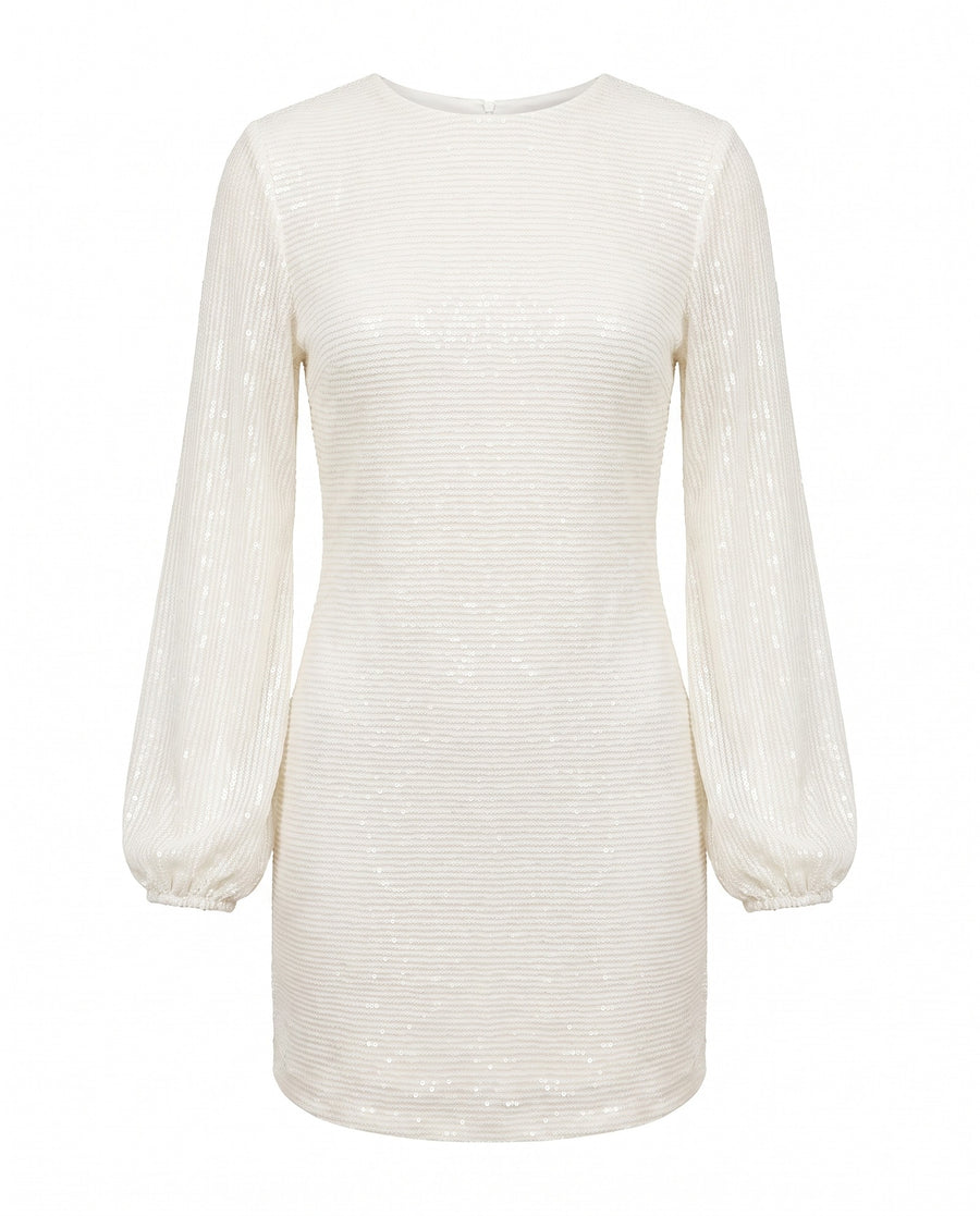 White sequin blouson sleeve mini dress, front view