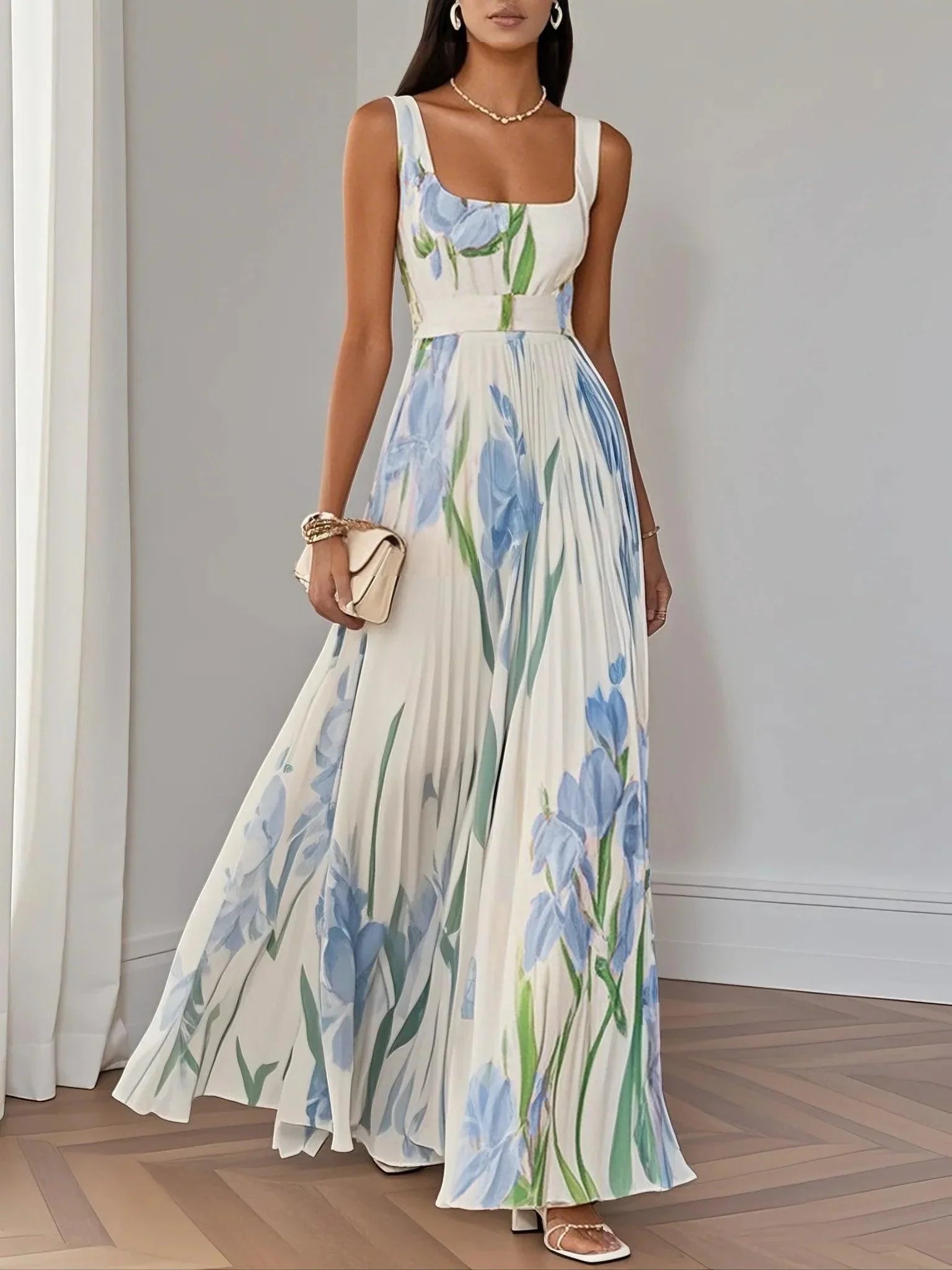 Ellie | White Pleated Floral Maxi Dress