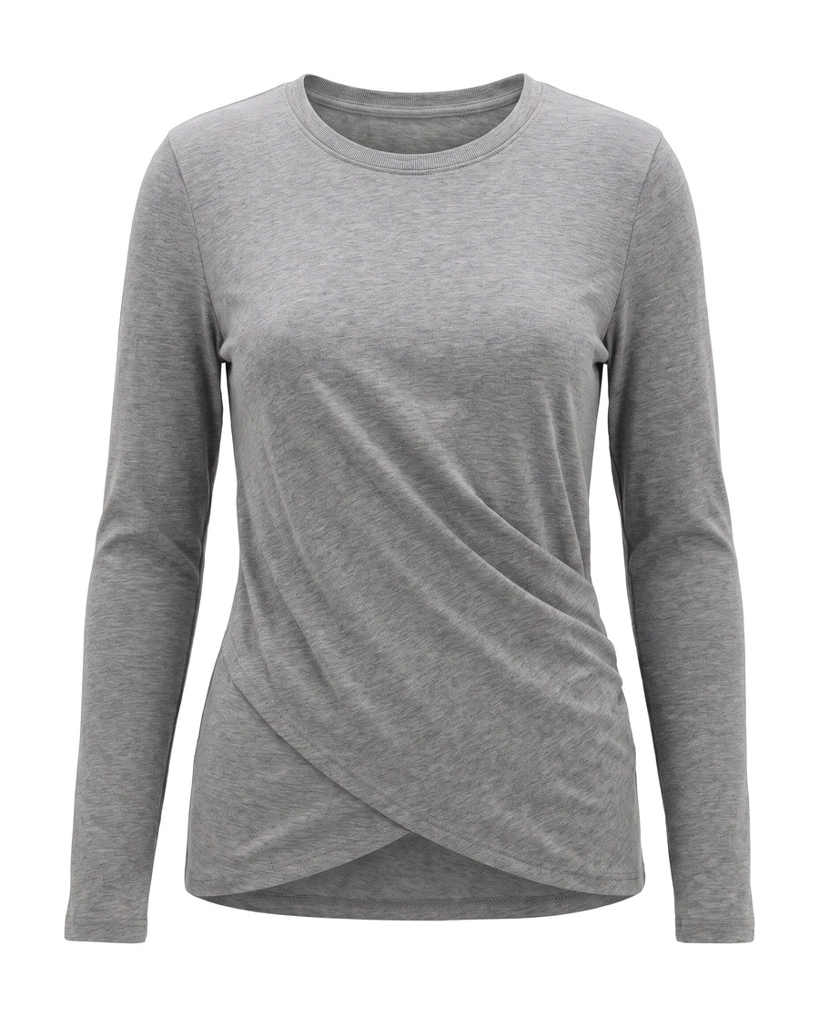 Heather grey wrap-front knit top front view