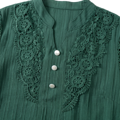 Close-up of the scalloped crochet lace yoke, notch collar and three pearl buttons