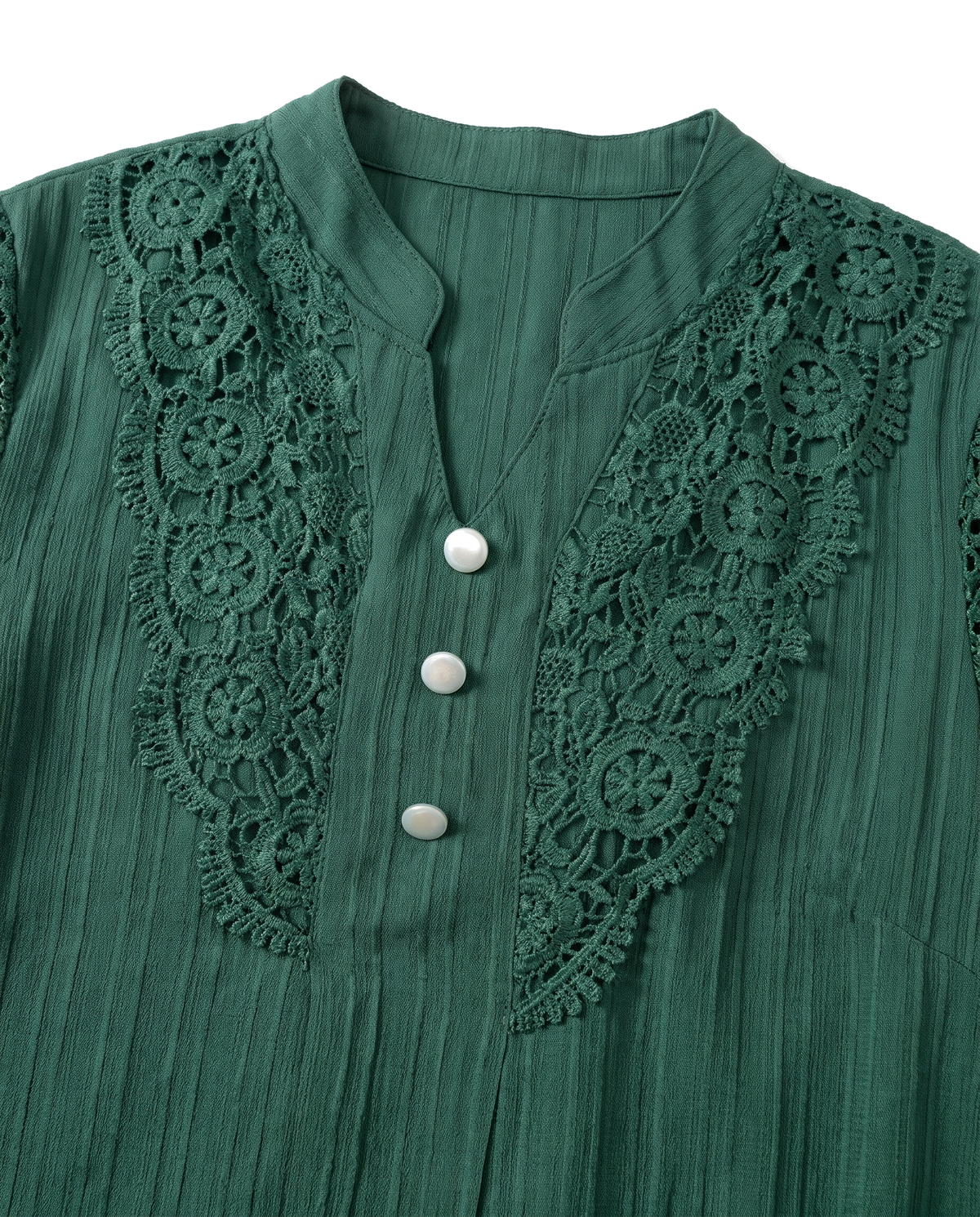 Close-up of the scalloped crochet lace yoke, notch collar and three pearl buttons