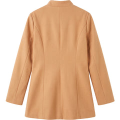 Women's stand collar coat in apricot, back view with princess seams and centre back seam