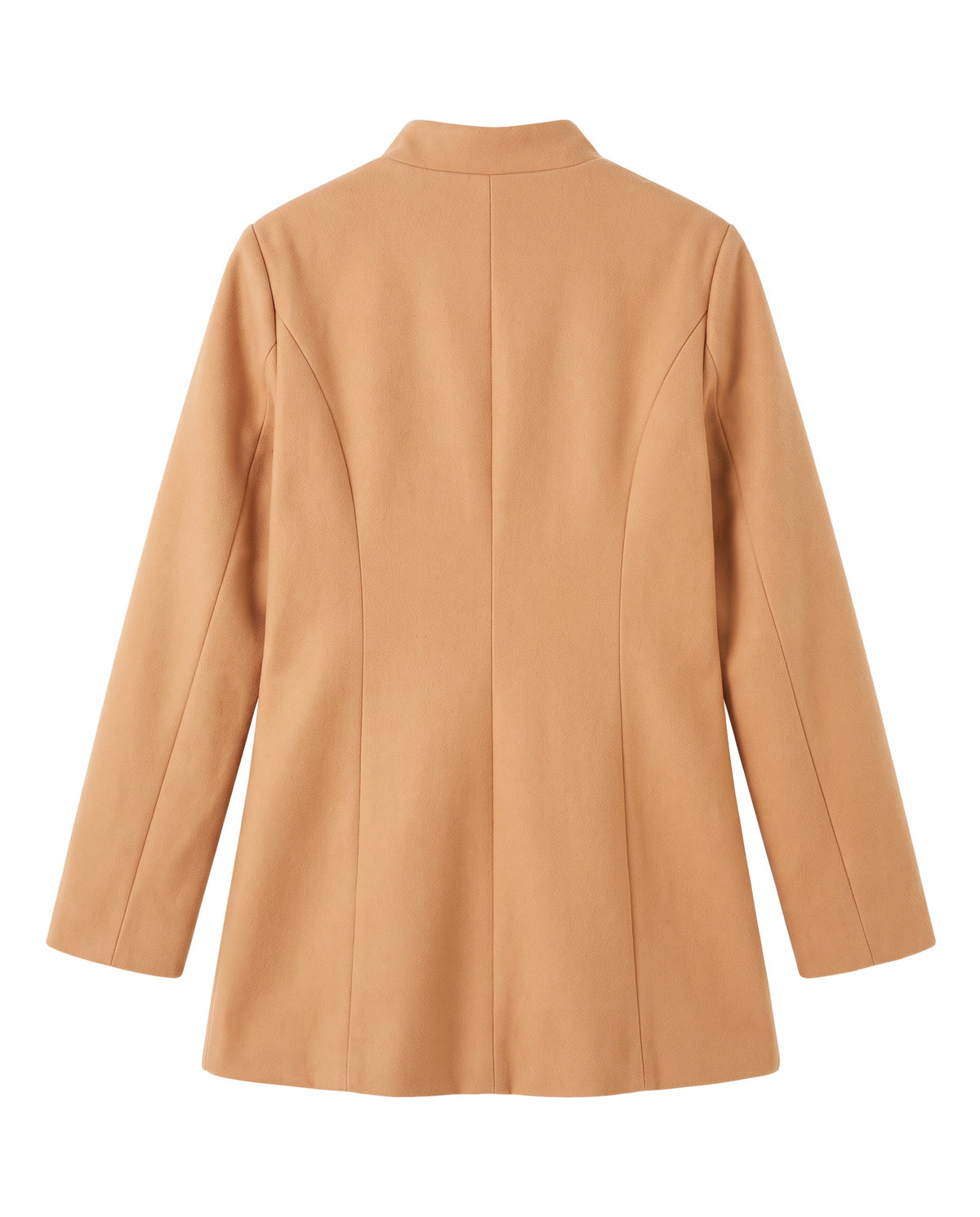 Women's stand collar coat in apricot, back view with princess seams and centre back seam